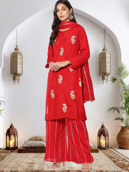 Chhabra 555 - Red Embroidered Kurta with Palazzo and Dupatta (Set of 3)
