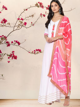 Chhabra 555 - White Solid Anarkali Kurta with Leggings and Leheriya Dupatta (Set of 3)