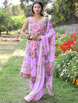 Chhabra 555 - Lavender Floral Print Anarkali Kurta with Churidar and Dupatta (Set of 3)