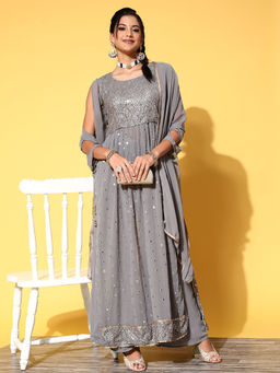 Chhabra 555 - Grey Embroidered Nyraa Long Kurta with Palazzo and Dupatta (Set of 3)