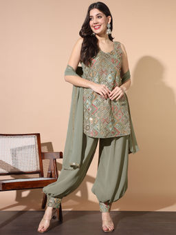 Chhabra 555 - Green Embroidered Kurta with Afghan Salwar and Dupatta (Set of 3)