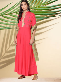 Chhabra 555 - Pink Embroidered Beads Flared Kurta with Leggings and Dupatta (Set of 3)