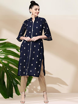 Chhabra 555 - Navy Blue Embroidered Kurta and Woven Pant (Set of 2)