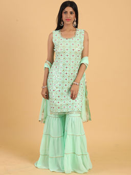 Chhabra 555 - Sea Green Resham Embroidered Kurta with Sharara and Dupatta (Set of 3)