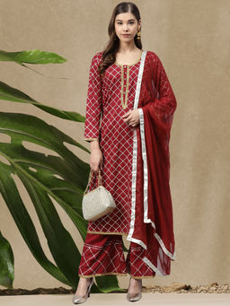 Chhabra 555 - Maroon Gota Patti Checked Kurta with Palazzo and Dupatta (Set of 3)