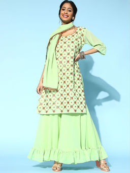 Chhabra 555 - Mint Green Embroidered Kurta with Sharara and Dupatta (Set of 3)