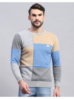 Monte Carlo - Men's Color Blocked Light Grey Round Neck Pullover Sweater