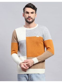 Monte Carlo - Men's Color Blocked Off White Round Neck Pullover Sweater