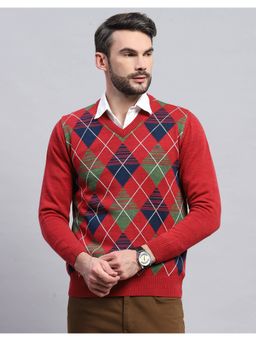 Monte Carlo - Men's Geometric Red V-Neck Full Sleeve Pullover Sweater