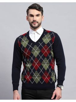 Monte Carlo - Men's Geometric Navy Blue V-Neck Full Sleeve Pullover Sweater