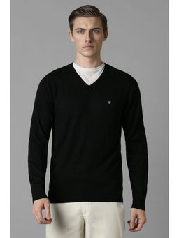 Louis Philippe - Men Black Solid V-Neck Full Sleeves Sweater