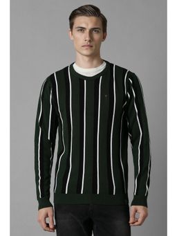 Louis Philippe - Men Olive Stripe Crew Neck Full Sleeves Sweater