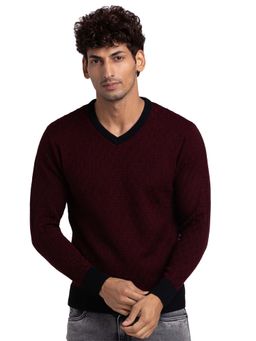 Parx - Regular Fit Woven Design Dark Maroon Sweater