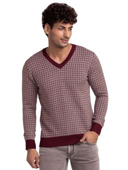 Parx - Regular Fit Woven Design Dark Maroon Sweater