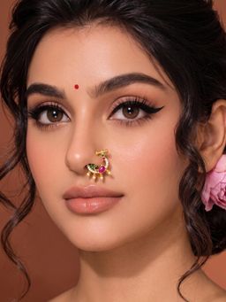 ADIVA - Gold-Plated Multi-Color Ad Stone Pearl Drop Peacock Septum Nose Ring