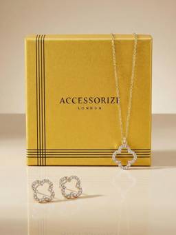 Accessorize London - Women Pave Cut Out Flora Pendant Necklace Set