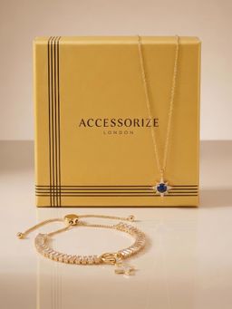 Accessorize London - 14K Gold-Plated Gem Star Necklace and Baguette Toggle Charm Bracelet