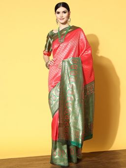 Akhilam - Womens Silk Blend Coral Woven Design Designer Saree with Unstitched Blouse
