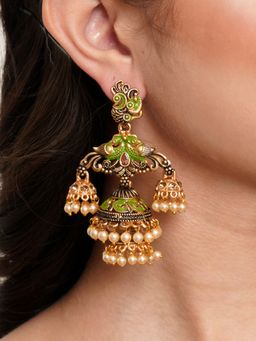 Karatcart - Gold Plated Light Green Meena Double Jhumki Earrings for Women