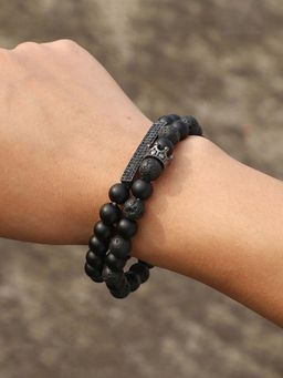Designs & You - Set Of 2 Black Crystal Studded Volcanic Lava Beads Crown Bracelet for Men