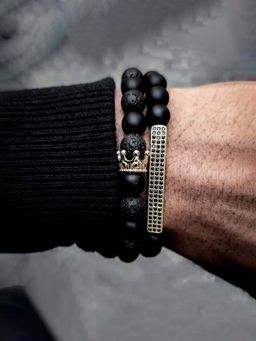 Designs & You - Black Set Of 2 Gold Plated Crystal Studded Volcanic Lava Beads Crown Bracelet for Men