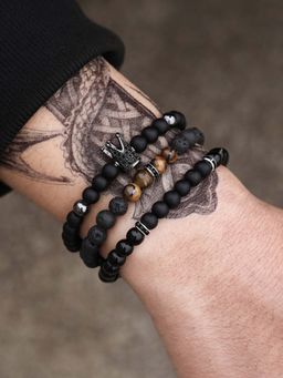 Designs & You - Multi-Color Set Of 3 Crystal Studded Volcanic Lava Beads Crown Bracelet for Men