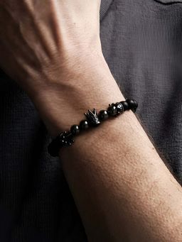 Designs & You - Black Crystal Studded Volcanic Lava Beads Crown Bracelet for Men