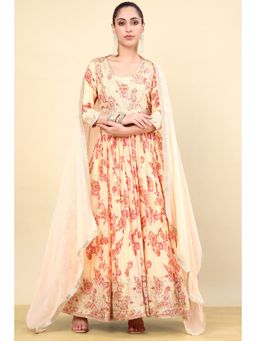 Soch - Beige Viscose Anarkali Kurta with Unstitched Sleeves, Churidar & Dupatta (Set of 4)