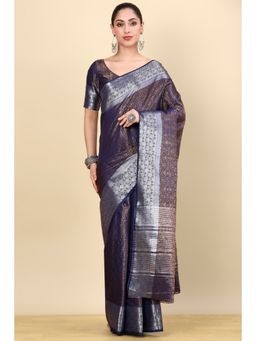 Soch - Navy Blue Silk Blend Woven Saree with Unstitched Blouse