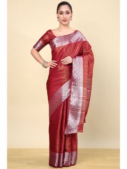Soch - Maroon Silk Blend Woven Saree with Unstitched Blouse