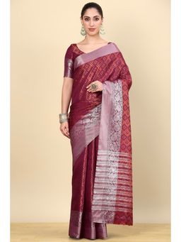 Soch - Wine Silk Blend Woven Saree with Unstitched Blouse