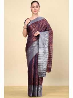 Soch - Navy Blue Silk Blend Woven Saree with Unstitched Blouse