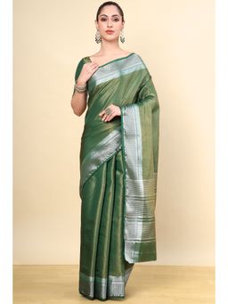 Soch - Mehendi Green Silk Blend Woven Saree with Unstitched Blouse