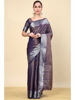 Soch - Navy Blue Silk Blend Woven Saree with Unstitched Blouse