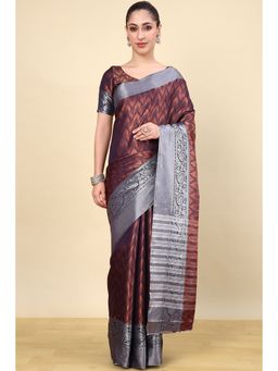 Soch - Navy Blue Silk Blend Woven Saree with Unstitched Blouse