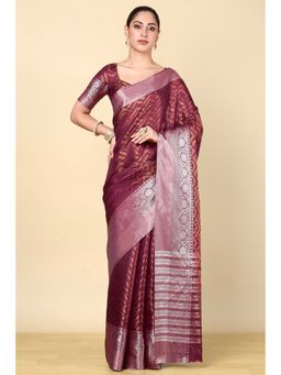 Soch - Wine Silk Blend Woven Saree with Unstitched Blouse