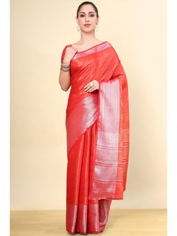 Soch - Red Silk Blend Woven Saree with Unstitched Blouse