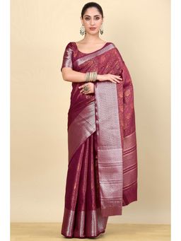 Soch - Wine Silk Blend Woven Saree with Unstitched Blouse