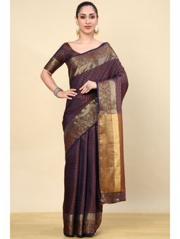 Soch - Navy Blue Silk Blend Woven Saree with Unstitched Blouse