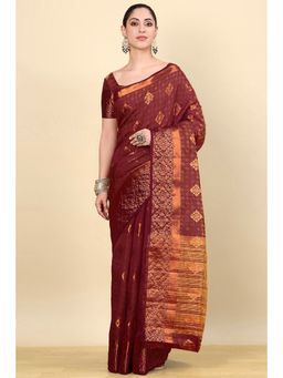 Soch - Maroon Silk Blend Woven Saree with Unstitched Blouse