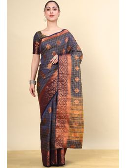 Soch - Navy Blue Silk Blend Woven Saree with Unstitched Blouse