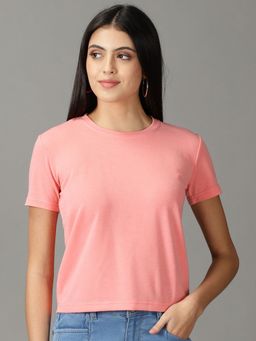 SHOWOFFFF - Womens Half Sleeves Round Neck Pink Solid T-Shirt