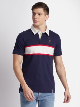Beverly Hills Polo Club - Yarn Dye Stripe Short Sleeve Rugby Blue Polo T-Shirt