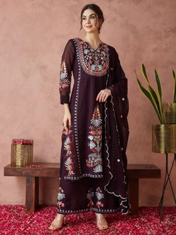 Gahan - Womens Faux Georgette Embroidery Kurta and Palazzo With Dupatta (Set of 3)
