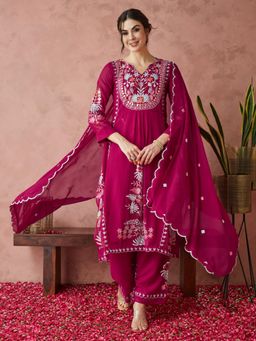 Gahan - Womens Faux Georgette Embroidery Kurta and Palazzo With Dupatta (Set of 3)