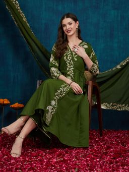 Gahan - Womens Elegant Angarkha Style and Palazzo with Dupatta - Olive (Set of 3)