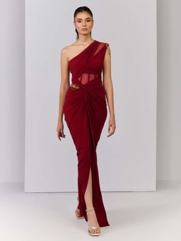 S&N by Shantnu Nikhil - Red One Shoulder Corset Mesh Gown