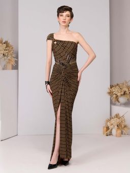 S&N by Shantnu Nikhil - Brown Adamas Printed One-Shoulder Gown