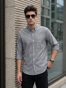 KUONS AVENUE - Men's Grey Striped Linen Cotton Casual Shirt