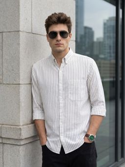 KUONS AVENUE - Men's Off White Striped Linen Cotton Casual Shirt